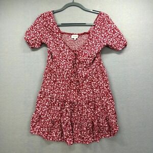 Böhme Tiered Mini Dress Womens S Red White Floral Smocked Puff Sleeve Tie Neck